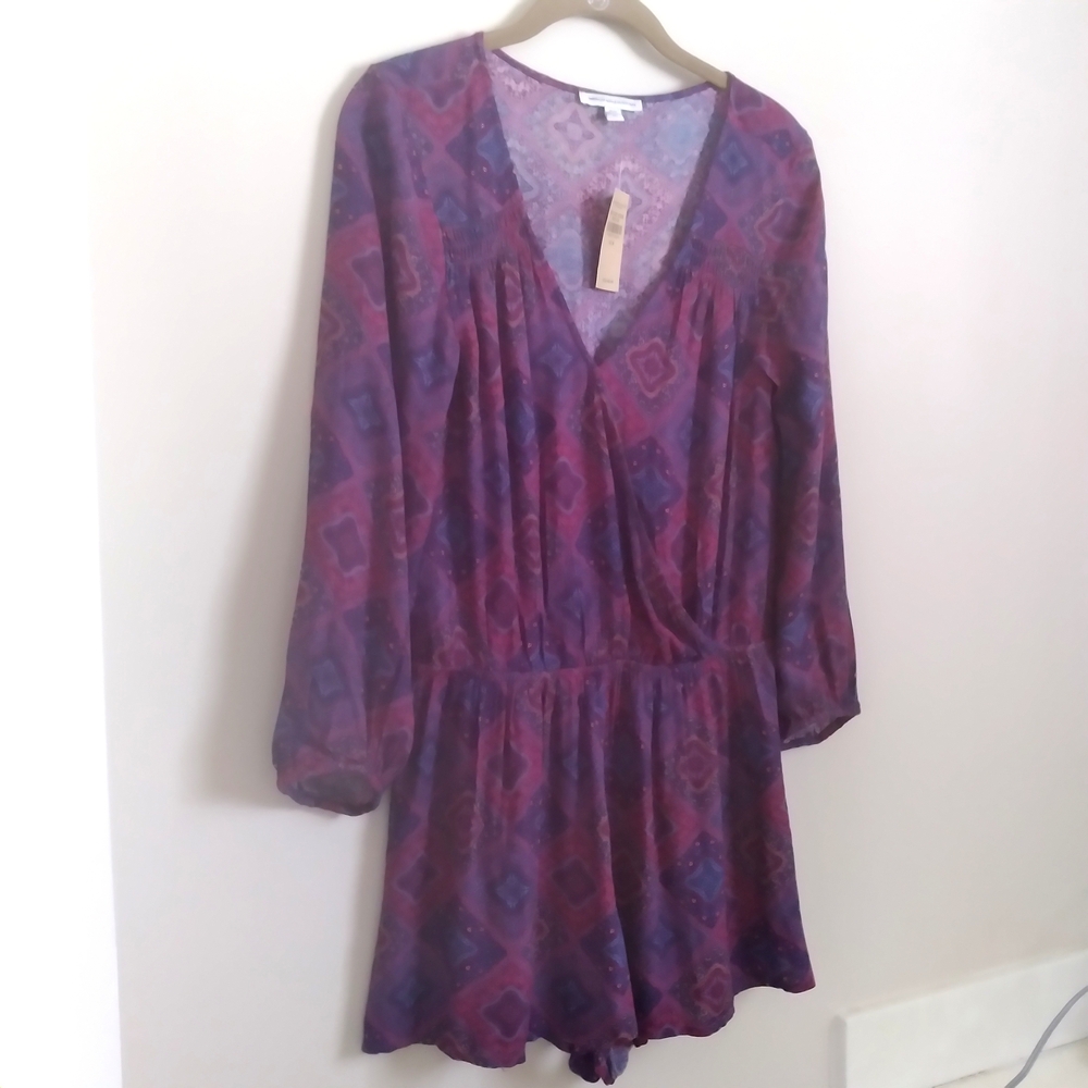 American Eagle Outfitters Wrap Romper Purple Patterned Long Sleeve Medium NWT
